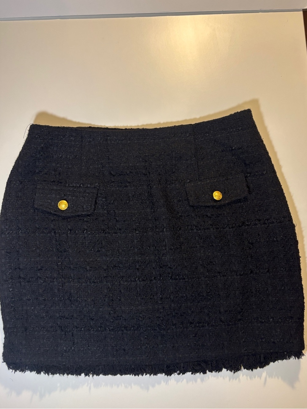 Express Black Tweed Mini Skirt with Gold Button Pocket Accents